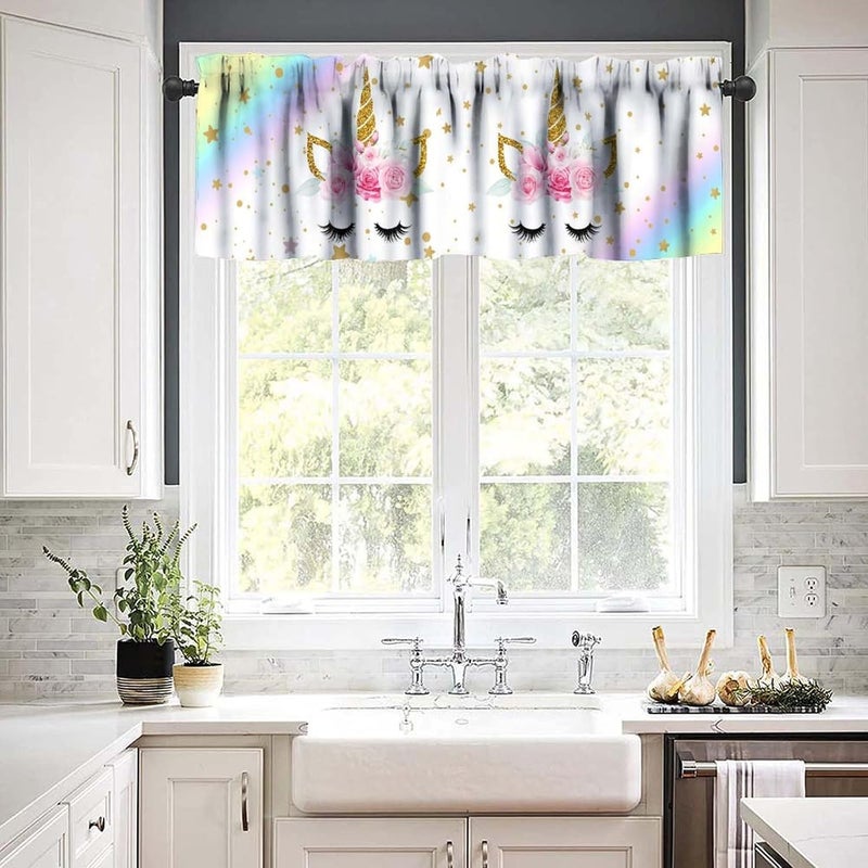 AAVEUP Unicorn Girls Valance Curtain Cartoon Ombre Rainbow Dream Pink Gold Princess Unicorn Stars Colorful Cake Window Treatment Valances Curtains for Kids Nursery Bedroom Living Room 54x18In - Image 5